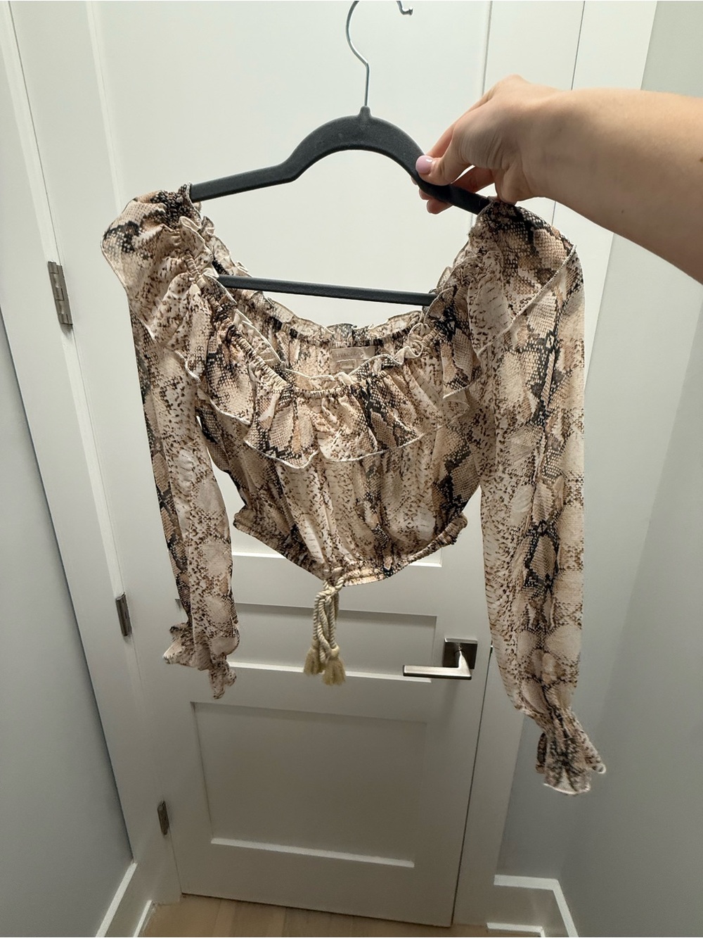 Olivaceous Snake-Print Off-Shoulder Long-Sleeve Crop Top - Beige